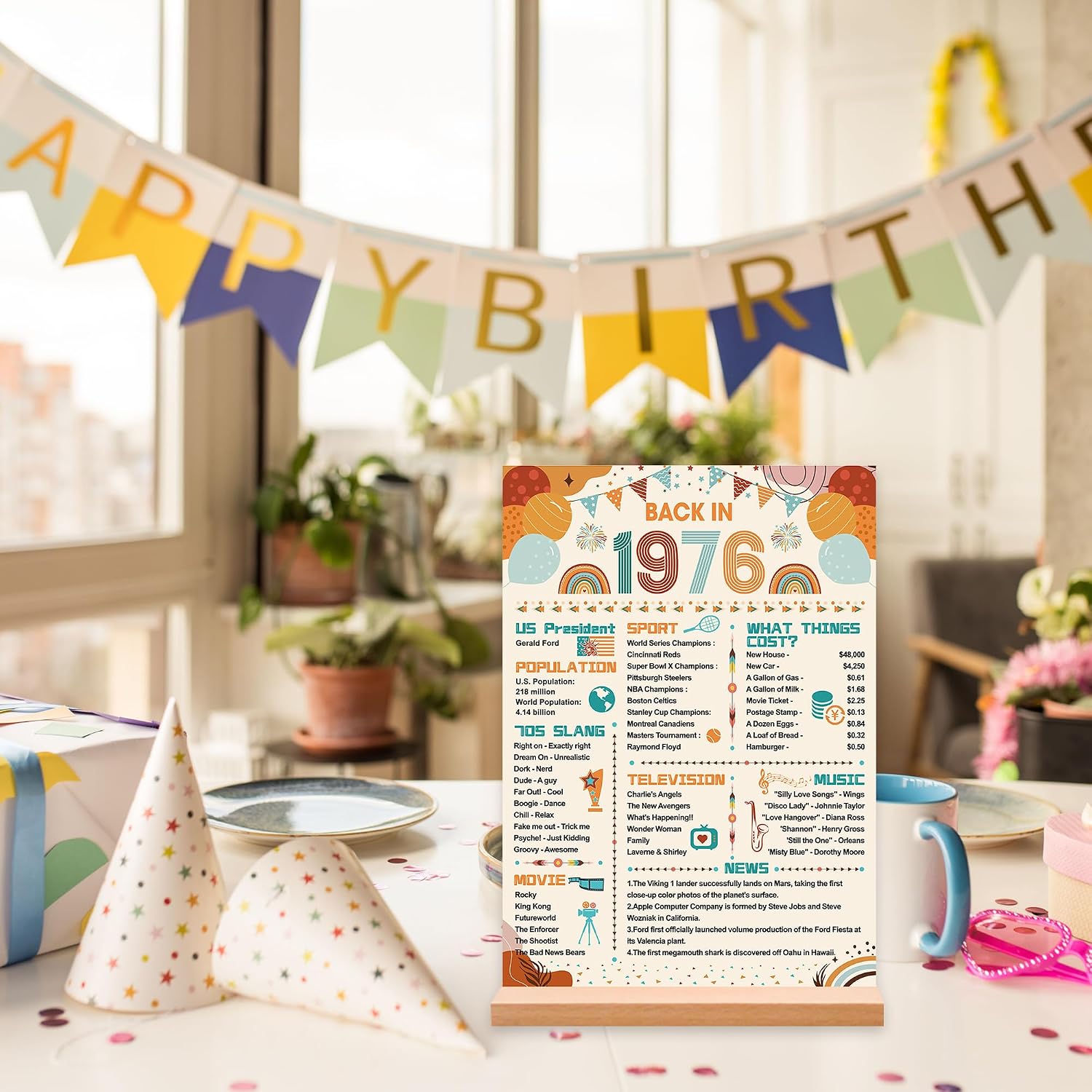 Roetyce 50th Birthday Decorations for Women Men, Boho Back in 1976 Poster Acrylic Sign Centerpiece with Stand, Beige 50th Anniversary Table Decor, Funny 50 Years Old Birthday Party Supplies