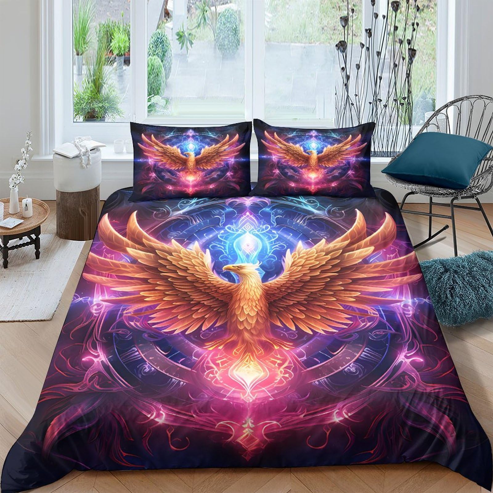 GPLZQXKJNH 3D Printed Phoenix Fire Duvet Cover Microfiber Soft Breathable Cosmic Light Bedding Set with 2 Pillowcases for Bedroom Decor Single（135x200cm）