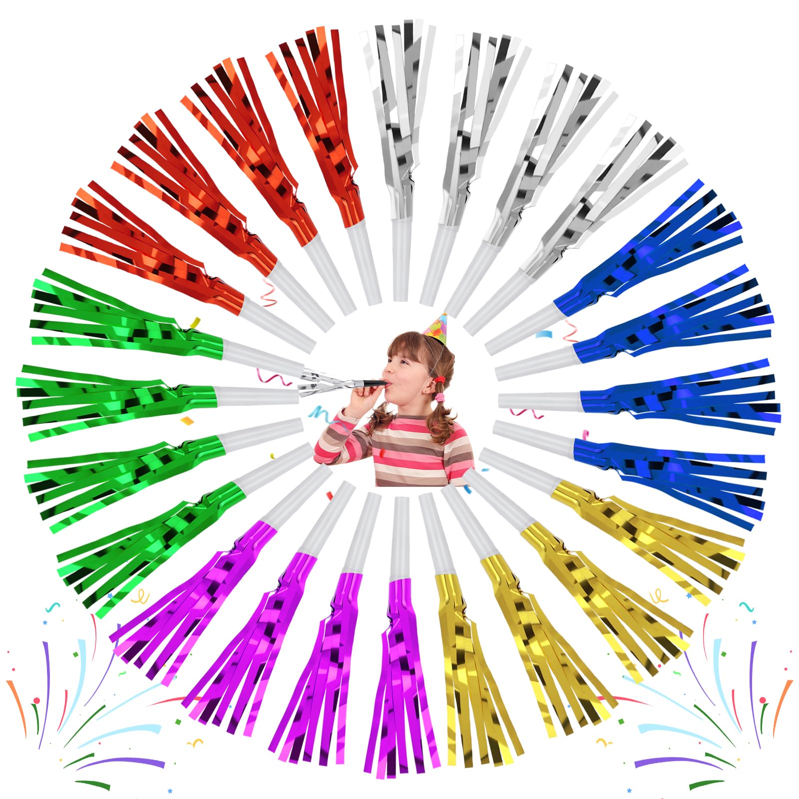 Aster 24 Pieces Noise Makers for Kids Adults, Metallic Fringed Party Blowers and Horns Noisemakers, Glitter Noise Makers for Birthdays, Sporting Events, Festival, Party Favors Supplies(Multicolor)
