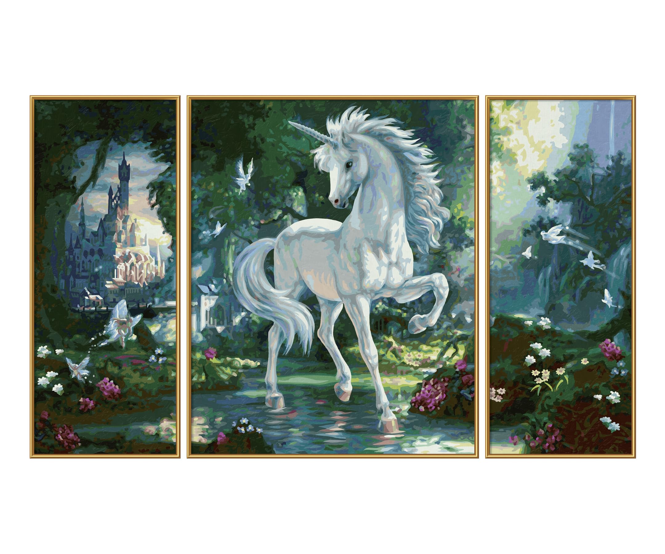 Schipper 609260866 Peinture par numéros - Licorne dans la forêt enchantée - Images pour Adultes - avec pinceaux et peintures acryliques - Triptyque - 50 x 80 cm