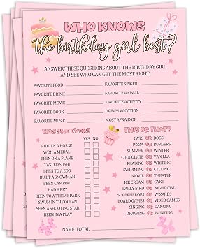 Birthday Party Games, Who Knows The Birthday Girl Best, 25 Pcs Double-Sided Fill-in Card Set for Guests, Fun Birthday Game for Teen Adults A09