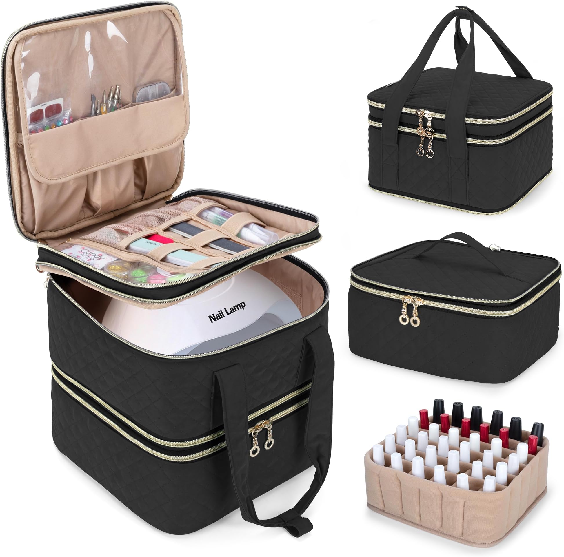 Yarwo Nail Polish Organizer Case Holds 72 Bottles (15ml/0.5 fl.oz), Detachable 3 Layers Nail Polish Storage Bag with Removable dividers for Nail Lamp and Nail Art Manicure Tools, Black (Bag Only)