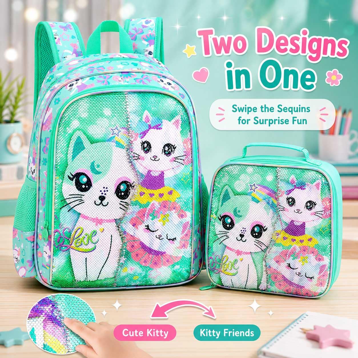 UFNDC Mochila de 3 piezas para niñas con fiambrera, bolsa de libros de lentejuelas para niños de 16 pulgadas con fiambrera, mochila escolar para niños pequeños de primaria