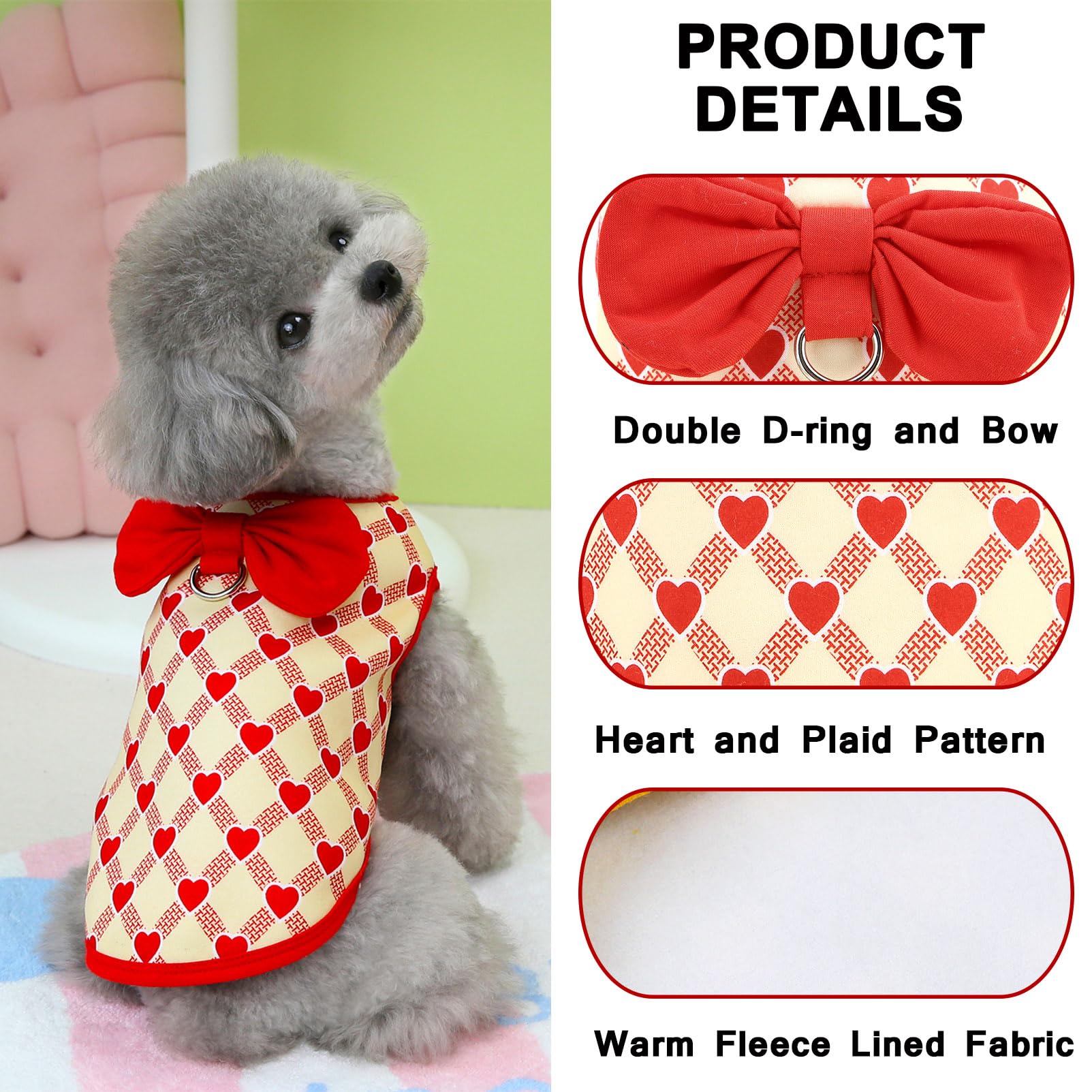 SMALLLEE_LUCKY_STORE Fleece Dog Jumper for Small Dog Heart Plaid Pet Sweatshirt with D-ring Bowkont Puppy Pullover Warm Winter Fall Sweater Chihuahua Daily Wear Outdoor Clothes - Image 4
