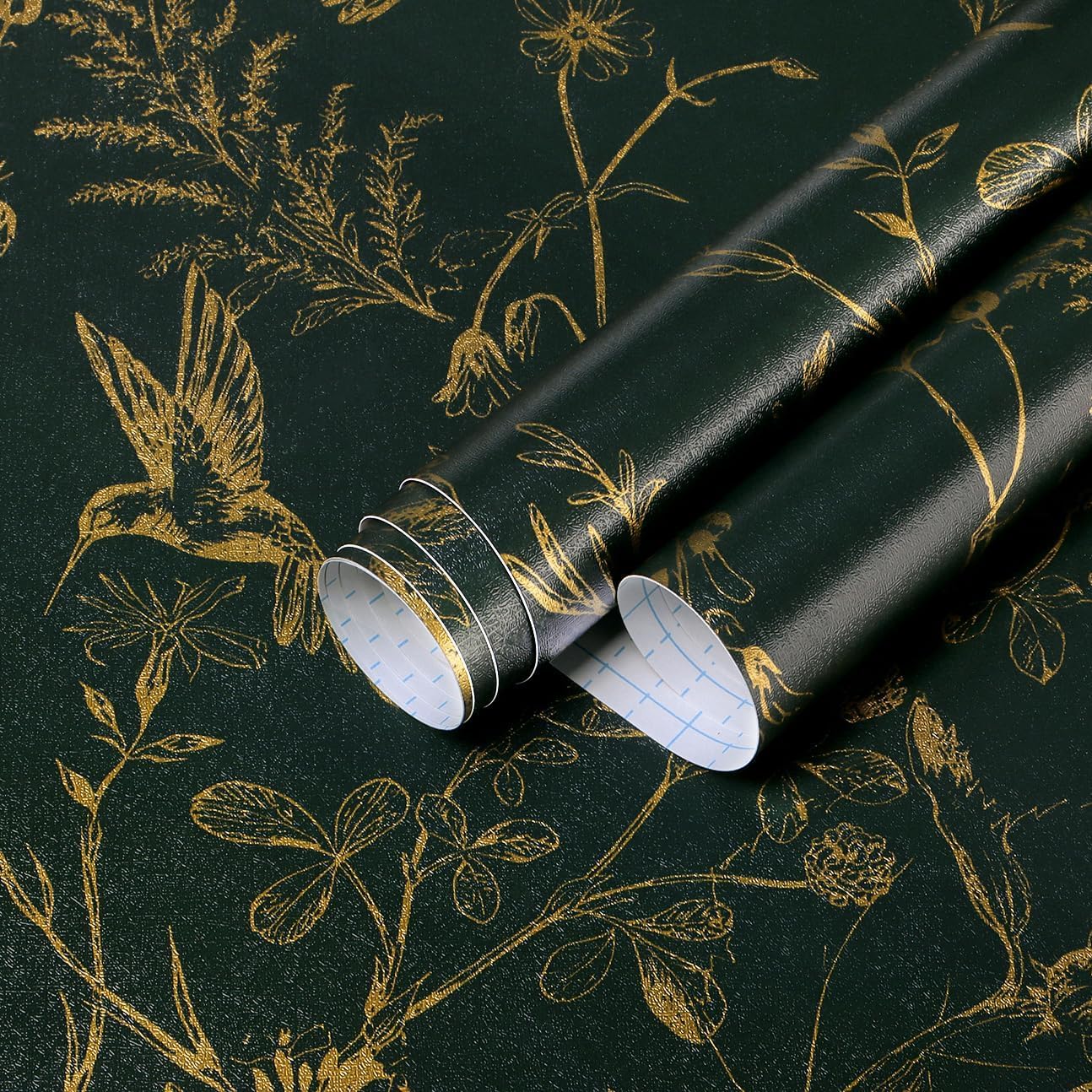 Safiyya Blackish Dark Green and Gold Wallpaper Floral Bird Peel and Stick Wallpaper for Bedroom Self Adhesive Contact Paper Vintage Wall Paper for
