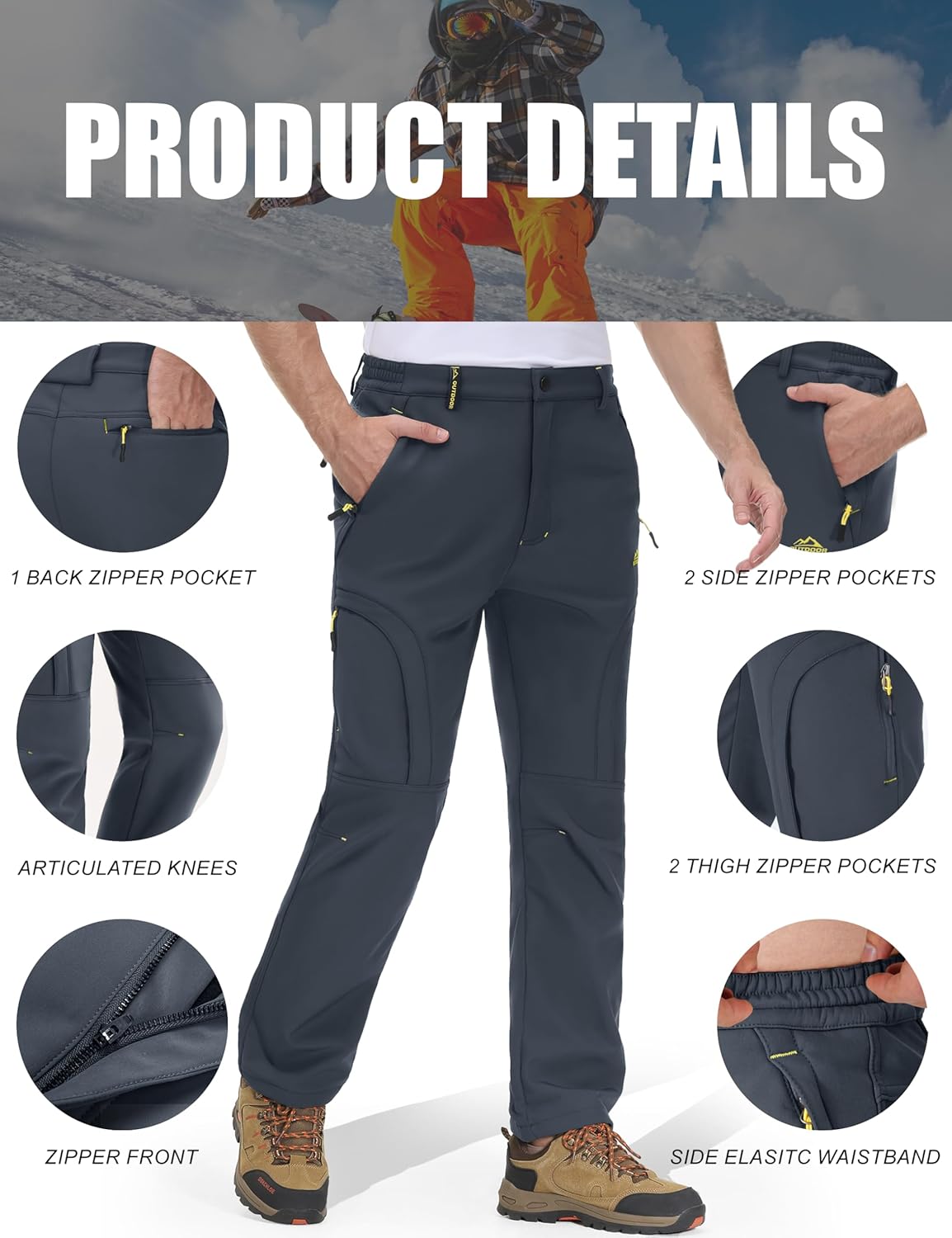 MAGCOMSEN Snow Pants for Men Water Resistant Fleece Lined 5 Zipper Pockets Winter Snowboard Hiking Insulated Ski Pants - Image 6