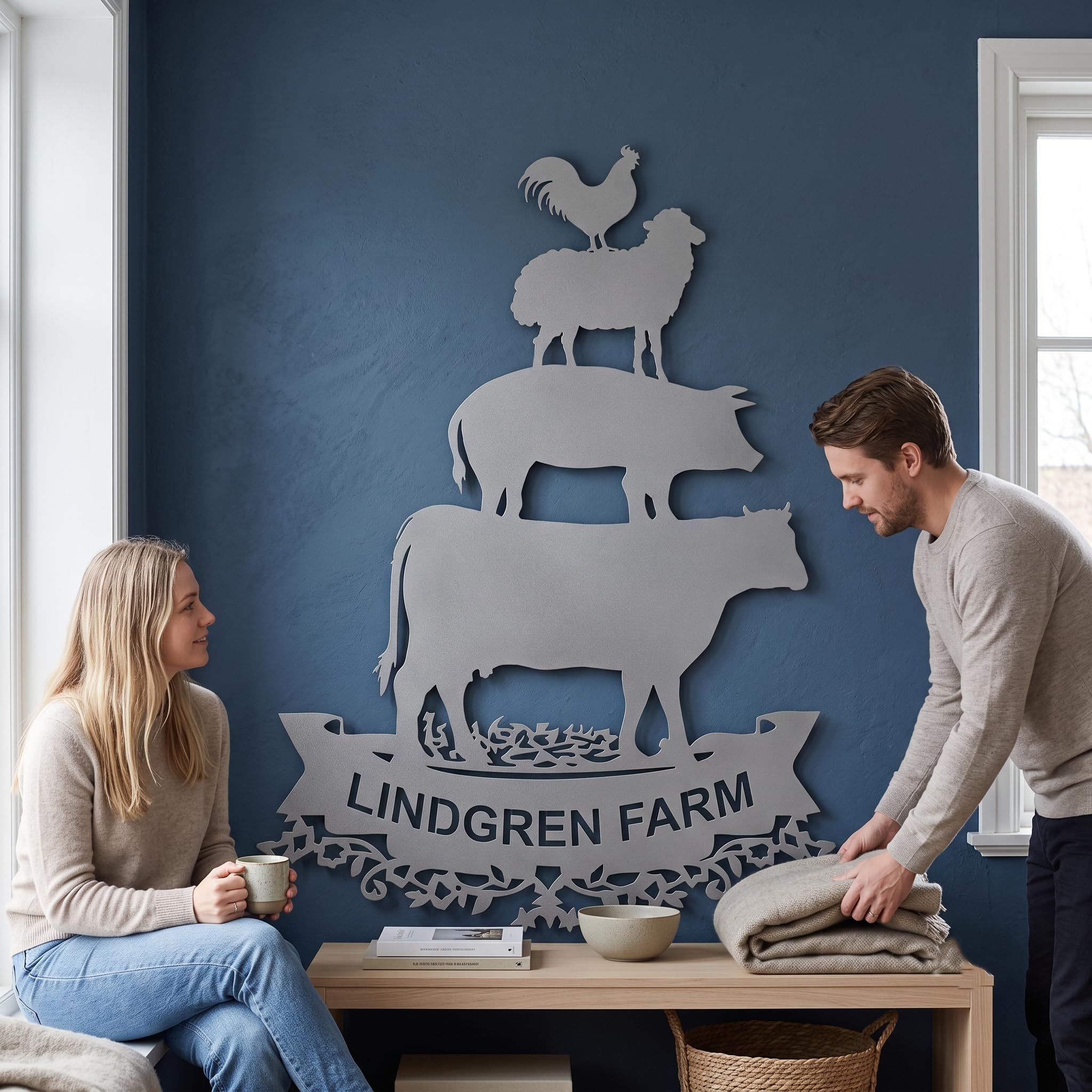 Arte de pared de metal personalizado con diseño de animales de granja, letrero de nombre de granja personalizado, decoración rústica de vaca, cerdo, oveja, gallo