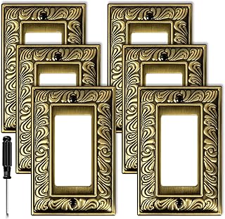 Antique Brass Decorative Decorator Light Switch Covers Wall Plate Rocker Switch Plates Outlet Covers Metal Material Wall Plates for Kitchen Bathroom (1 Gang Single Decorator-6 Pack)