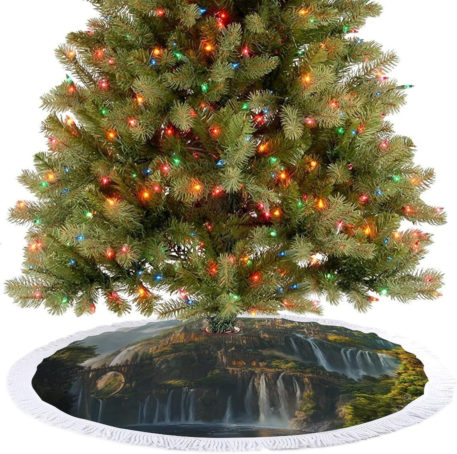 Landscape Castle Christmas Tree Skirt Round Xmas Tree Mat Ornaments Tree Skirts with Tassels for Holiday Party