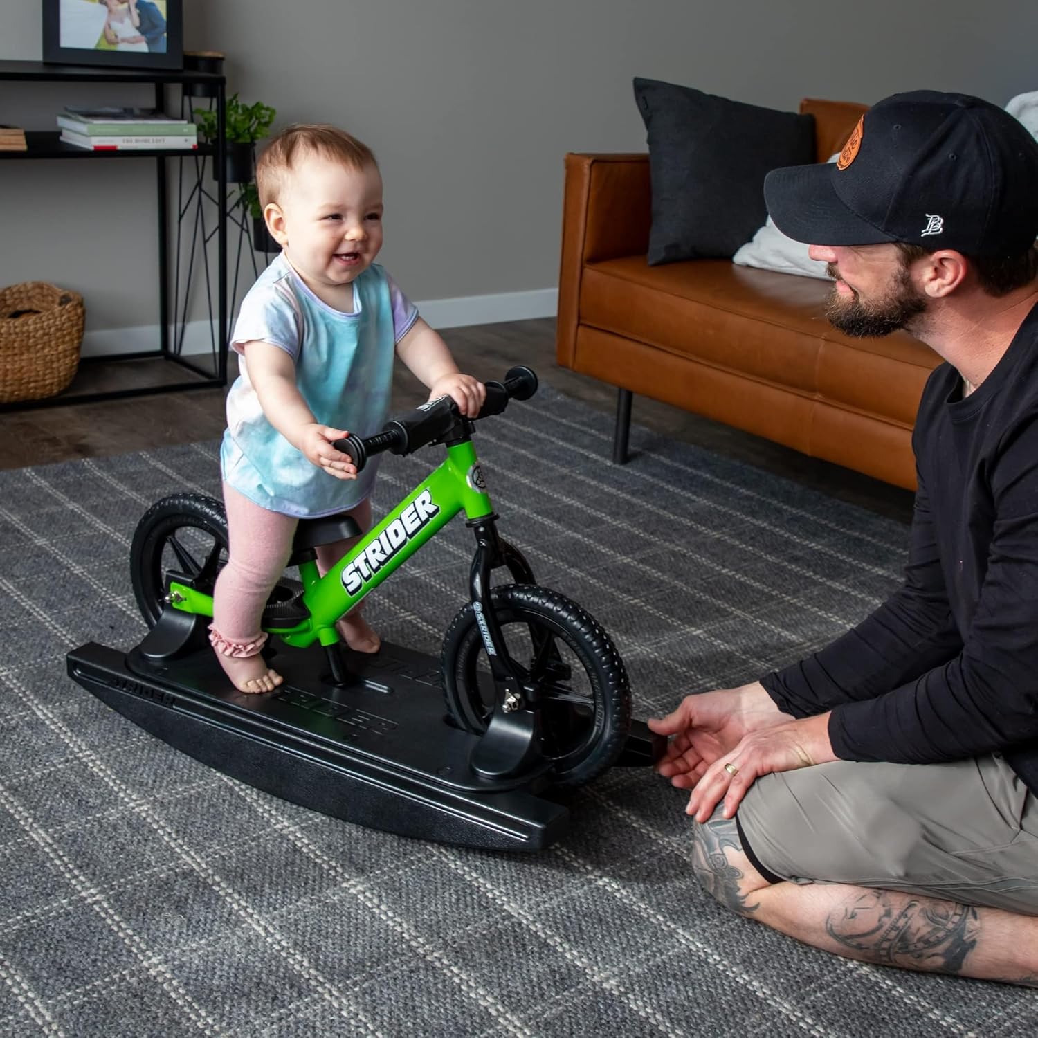 Strider 12” + Rocking Base - Helps Teach Baby How to Ride a Balance Bicycle - for Kids 6 Months to 4 Years - Easy Assembly & Adjustments