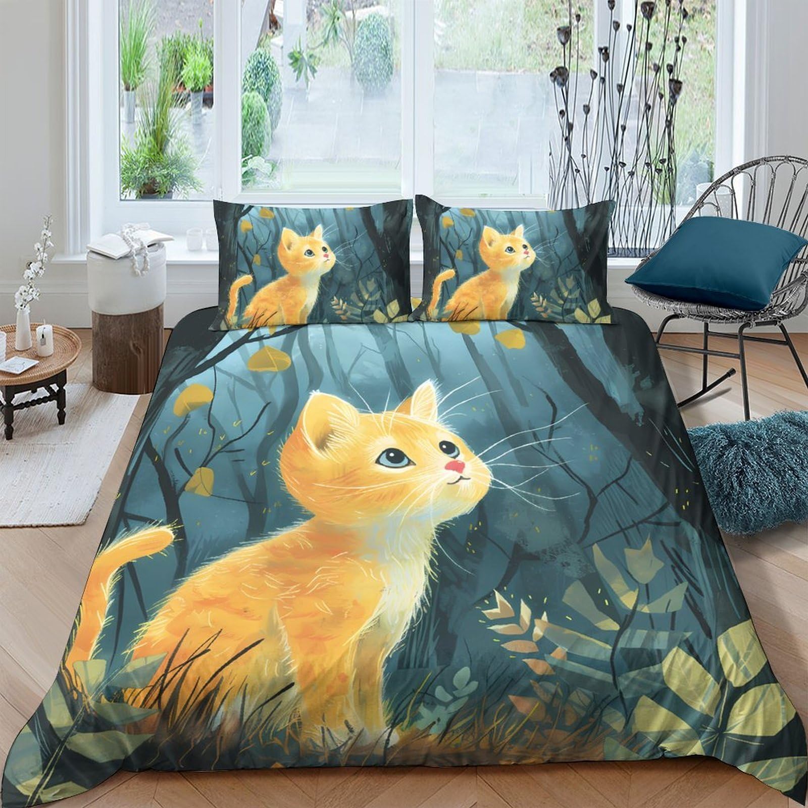 Ctjqhvkz Style-1 3D Printed Cute Cat Forest Fitted Sheet Microfiber Soft Mattress Cover For Bedroom Guest Room Decor Single（135X200cm）