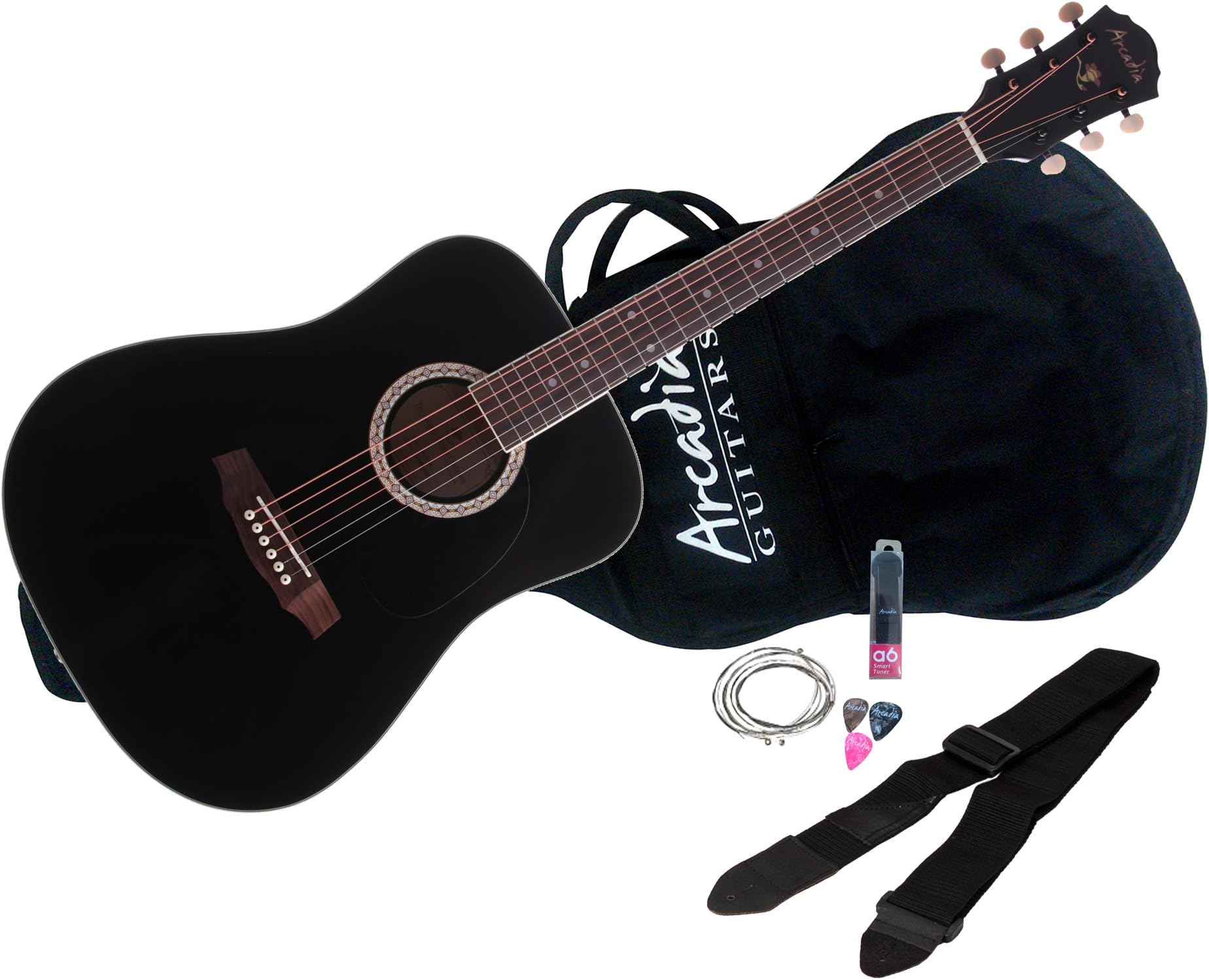 Arcadia DL41BK Full-Size 41" Dreadnaught Acoustic Guitar Pack, Spruce with Black Finish
