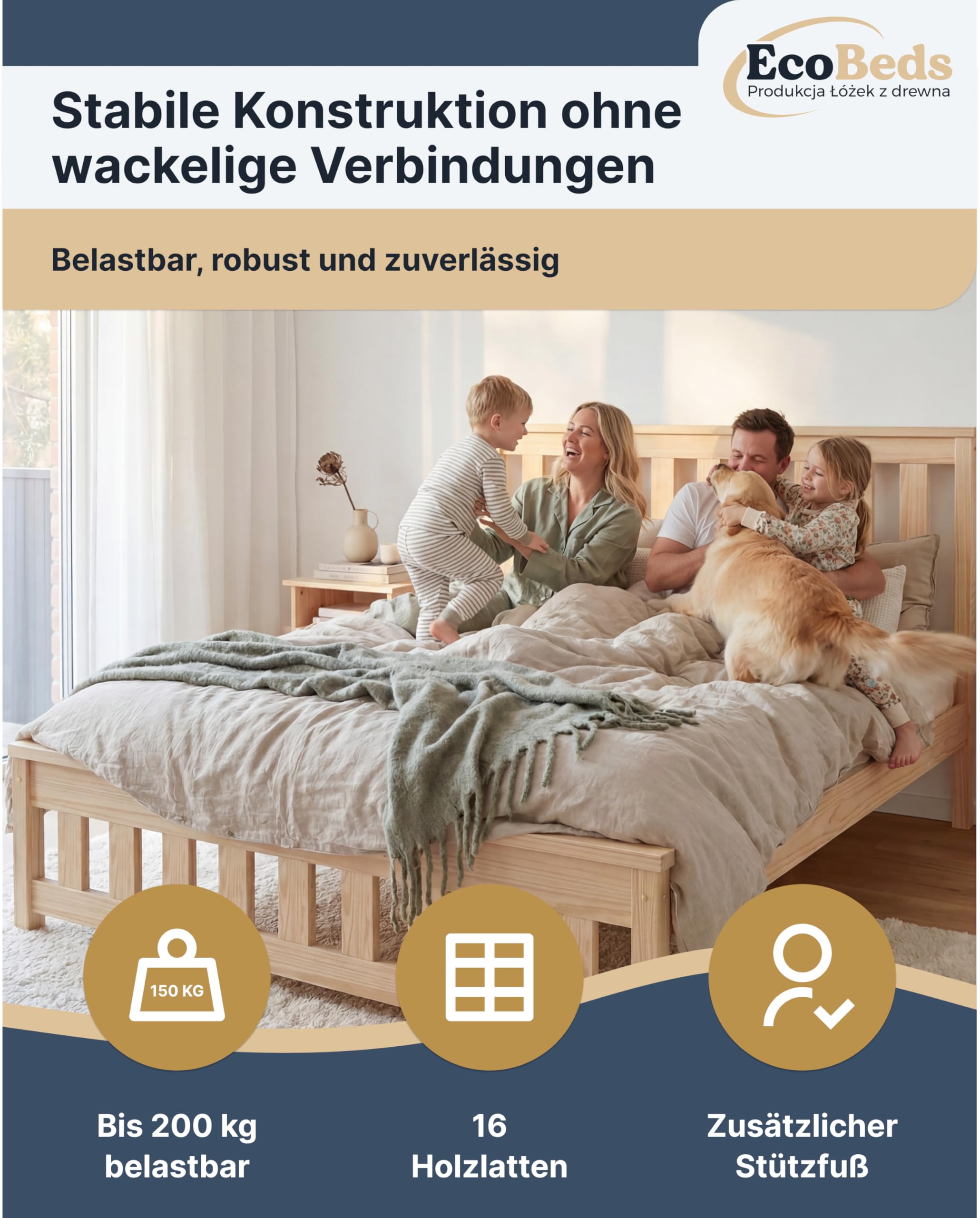 EcoBeds ADA Holzbett 140x200 cm Kiefer Massivholz bis 200 kg | Grau - Doppelbett, Bettgestell mit Lattenrost und Stauraum, für Erwachsene, robust, einfache Montage