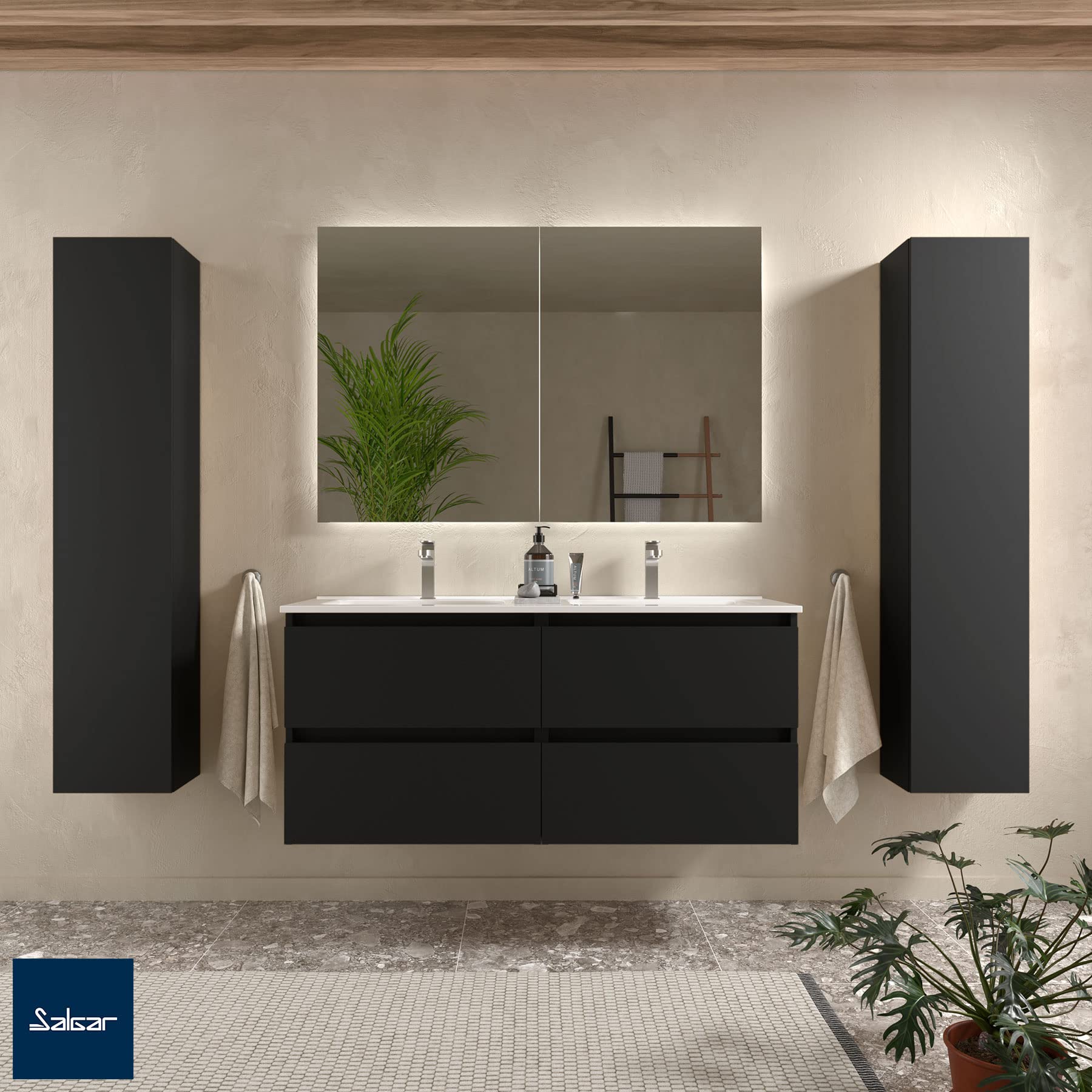 Mueble de baño Bequia 120 cm con Lavabo 100% montado de fábrica | Acabado Negro Mate suspendido 4 cajones Cierre amortiguado Apertura con uñero | Lavabo 2 pozas Porcelana Blanca | Salgar