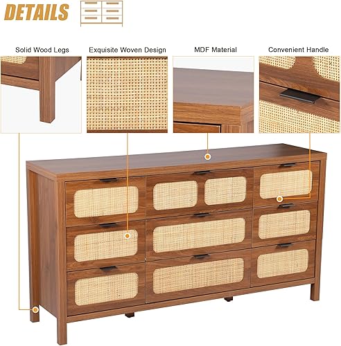 Miniatura 10 de Cómoda de 4 cajones, moderna cómoda de ratán con cajones anchos y asas de metal, cómoda de almacenamiento de madera de granja para dormitorio, sala