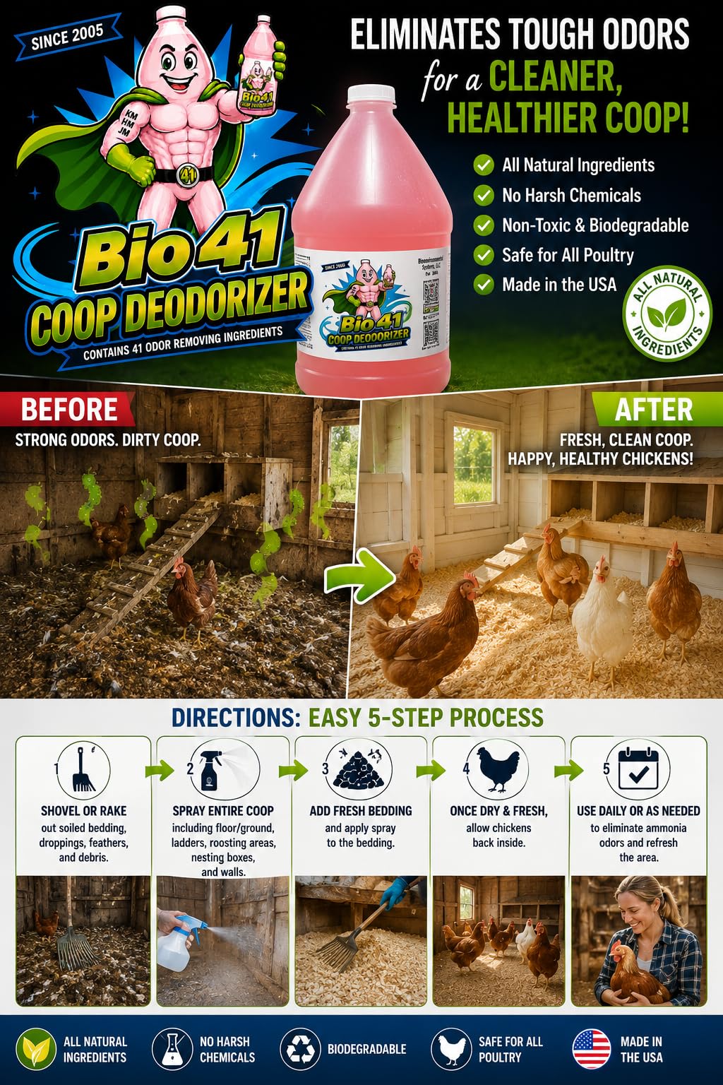 Desodorante de gallinero, todos los ingredientes naturales para el control de amoníaco y eliminador de olores para aves de corral, funciona en cocineros, criadoras, cajas siguientes, áreas de desechos