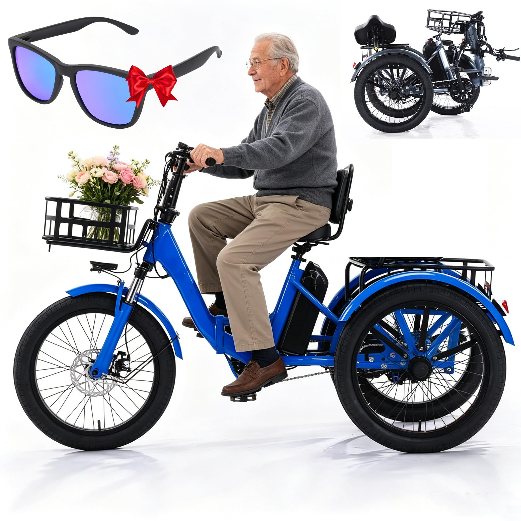 ZhouBSM Electric Tricycle for Adults - 3 Riding Modes, 20 X 2.5 Inch Fat Tyres, Aluminium Foldable E-Bike, Front & Rear Basket, Lcd Screen, 48V 13Ah Battery, For Elderly, Aldult Blue