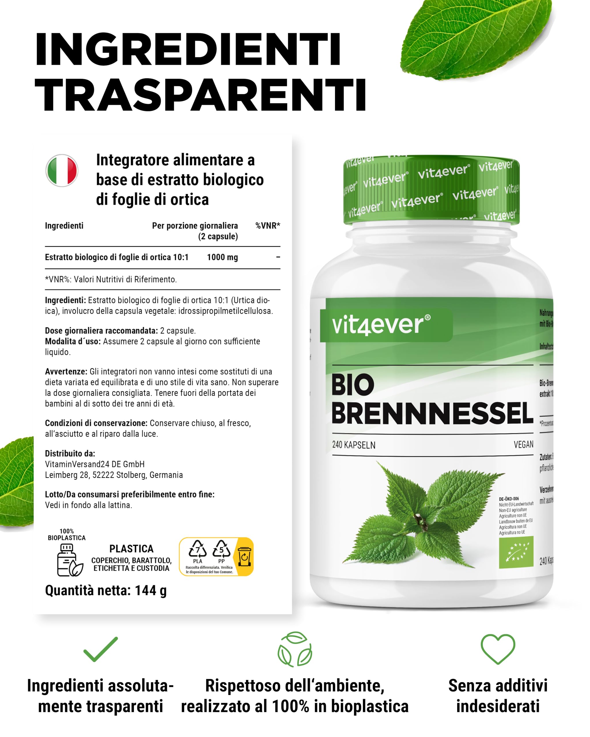 Ortica biologica - 240 capsule - Dosaggio elevato con 1000 mg per dose giornaliera - Estratto di ortica 10:1 in qualità organica certificata - Vegan