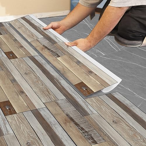 Papel tapiz de 32 azulejos con costuras de madera marrón y gris, papel de contacto rústico, papel de contacto decorativo para pisos, papel tapiz de