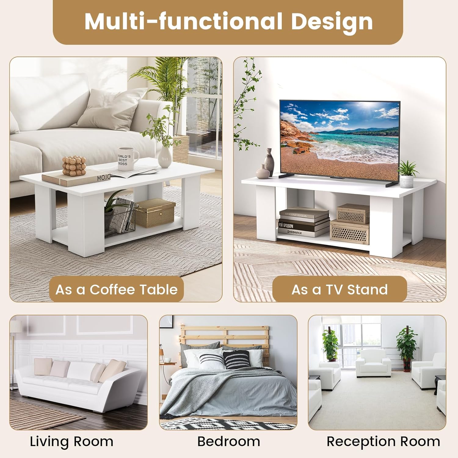 Coffee Table, 2-Tier Center Table with Open Storage Shelf, Rectangular Cocktail Table w/5 Support Legs, Wood Modern Tea Tables for Small Spaces, Living Room, Reception Room (White)