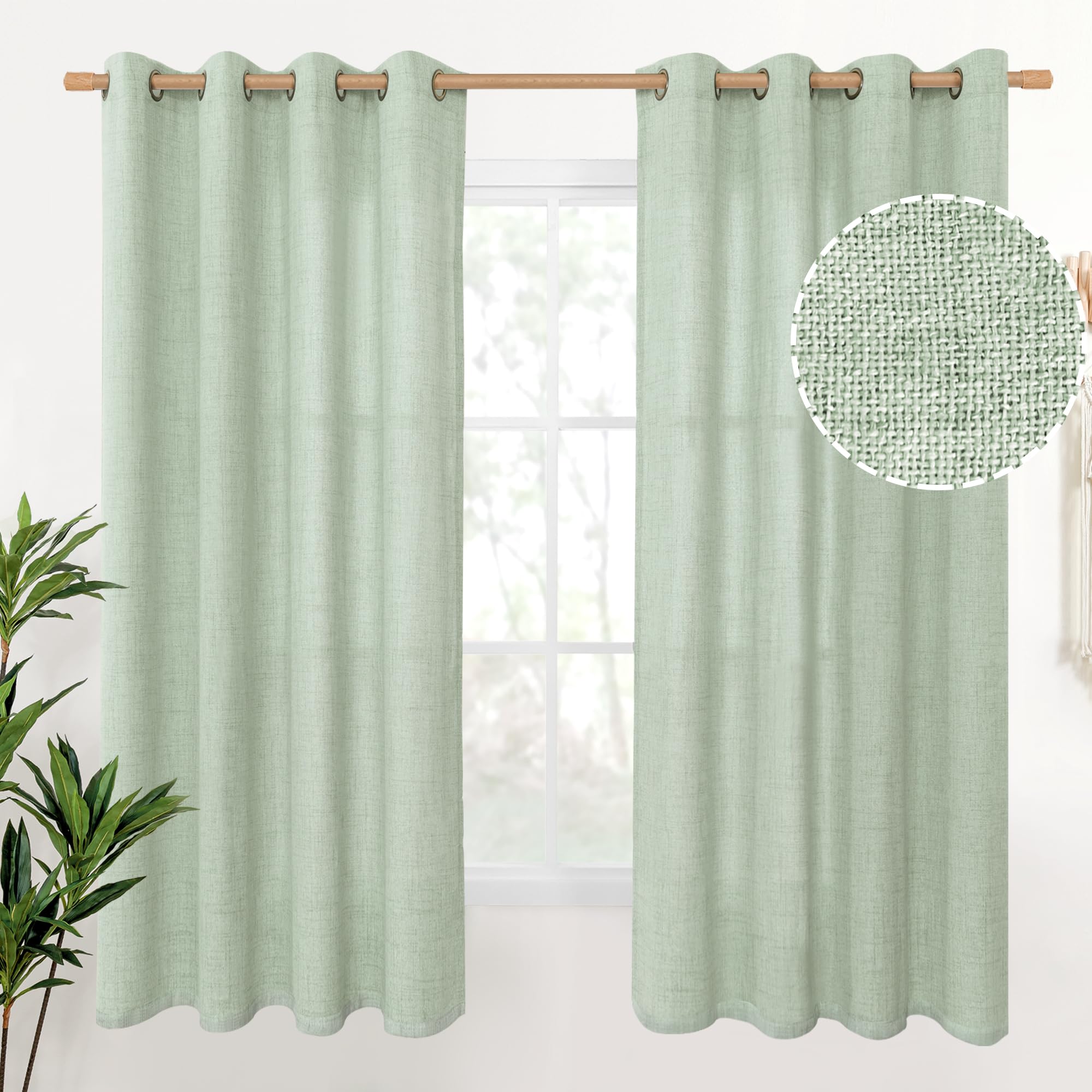 YoungsTex Sage Green Curtains 63 Inch Length 2 Panels for Living Room - Rustic Linen Drapes with Bronze Grommet Light Filtering for Bedroom Office
