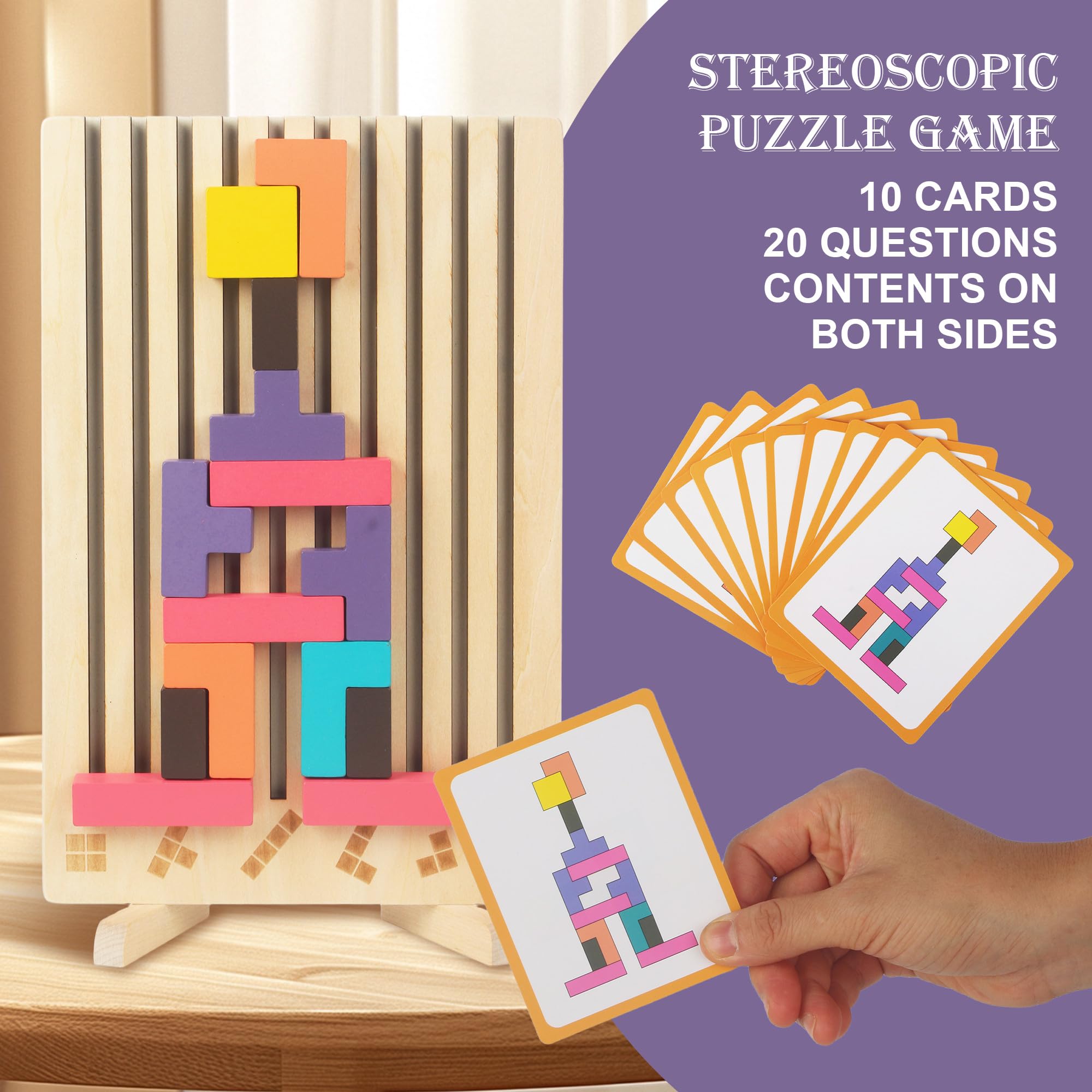 Gioco Impilabile in Legno Tetris, Giocattoli Educativi, con 10 Carte, Intelligenza Jigsaw, Puzzle Bambini 3 4 5 6 Anni, Colorato Blocchi Geometrici Tetris, Regalo Educativi