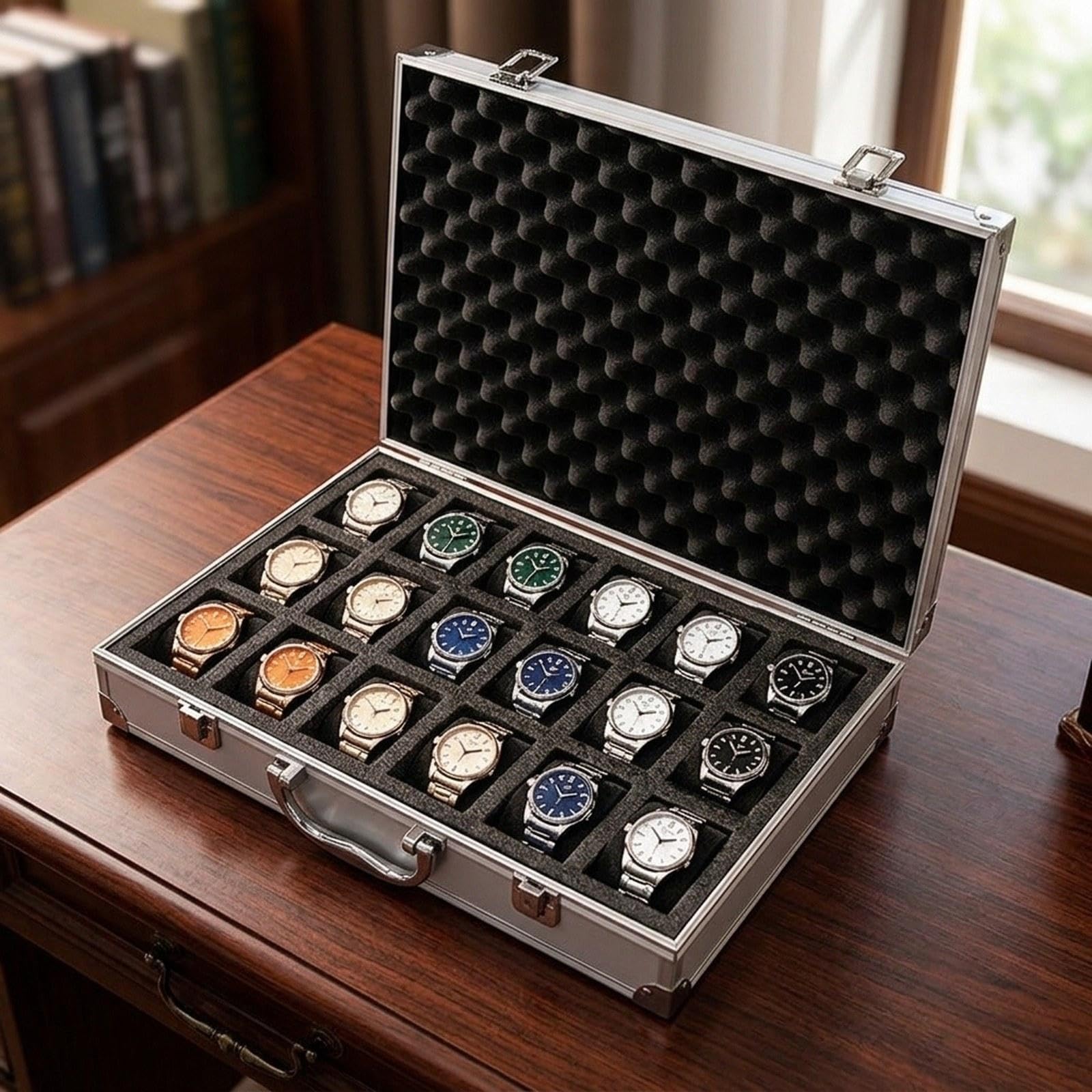 Amagogo Caja almacenamiento para relojes, estuche rígido aleación aluminio, estuche regalo para exhibición y colección, organizador para relojes, Plata, 18 Ranuras