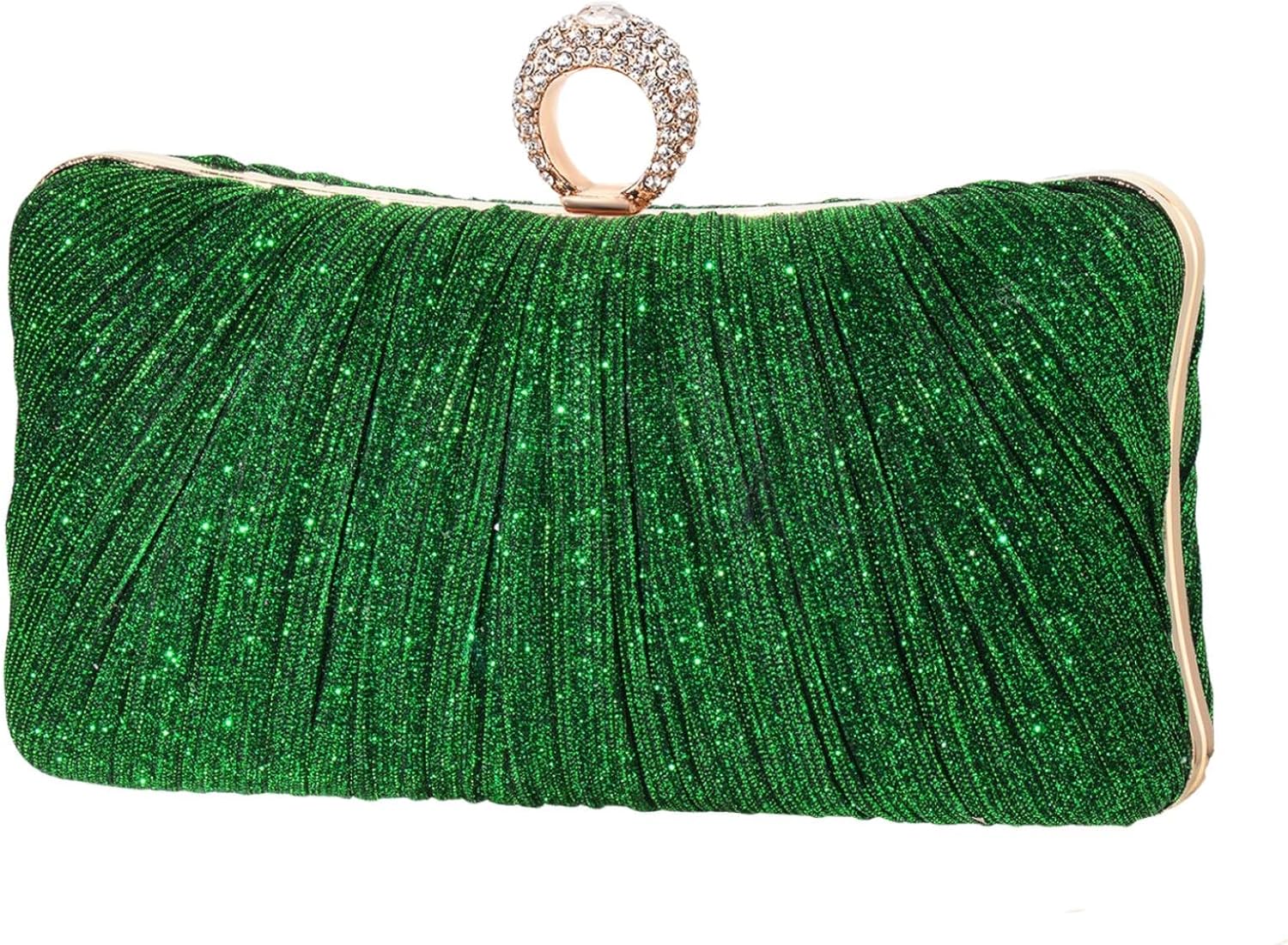 iWISH Womens Golden Glitter Clutch Purse Pleated Evening Bag for Bridal Wedding Party with Rhinestone Ring