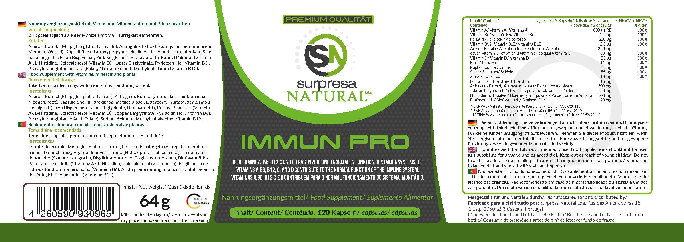 12 en 1 Immune Pro el Refuerzo Multivitamínico 120 cápsulas de alta dosis con vitaminas A, B6, B12, C, D, extractos vegetales de acerola y saúco, y los minerales hierro, cobre, selenio y zinc.