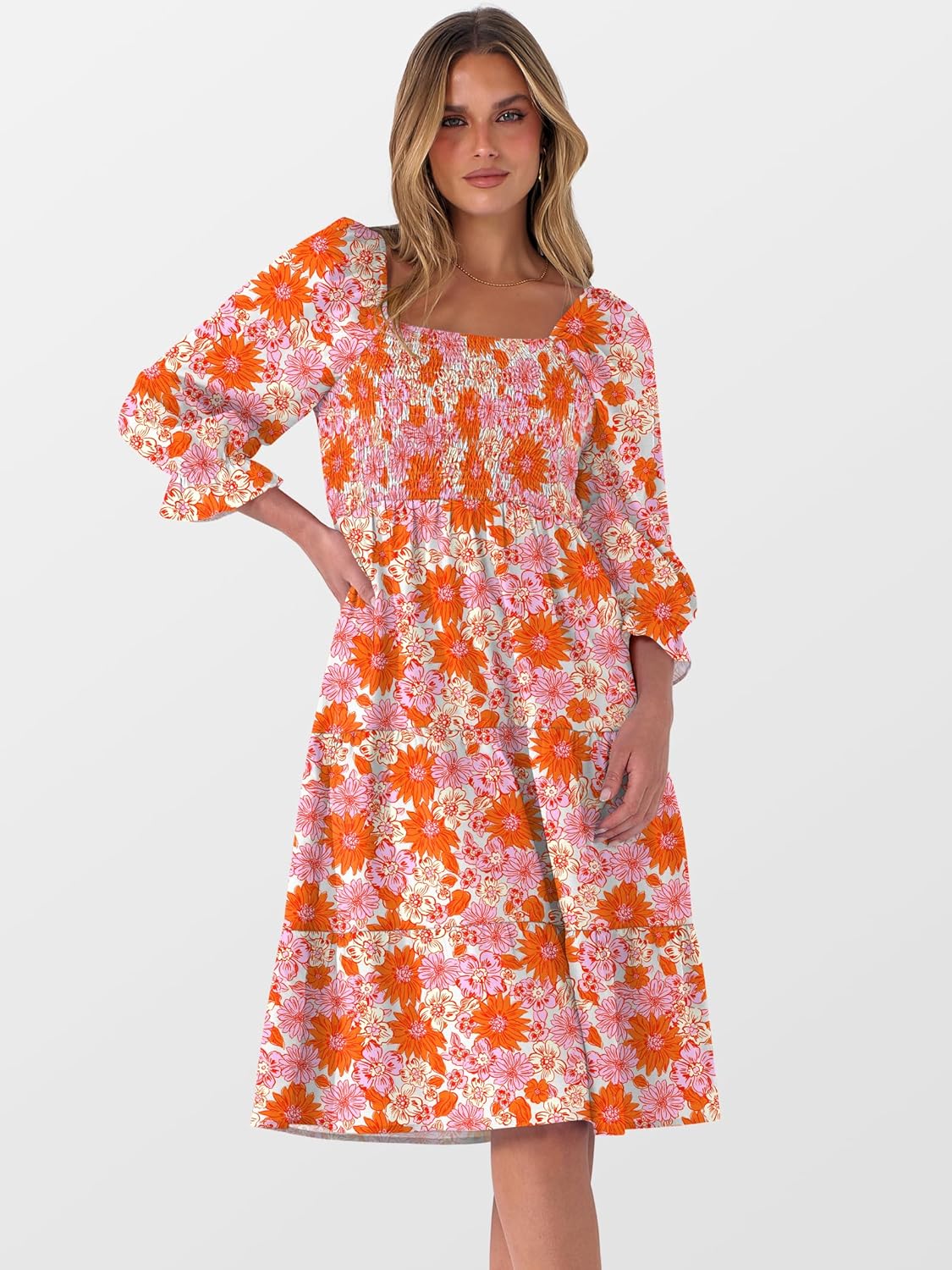 Caracilia Women 3/4 Sleeve Square Neck 2026 Summer Fall Wedding Guest Floral Smocked Casual Boho Midi Dresses - Image 4