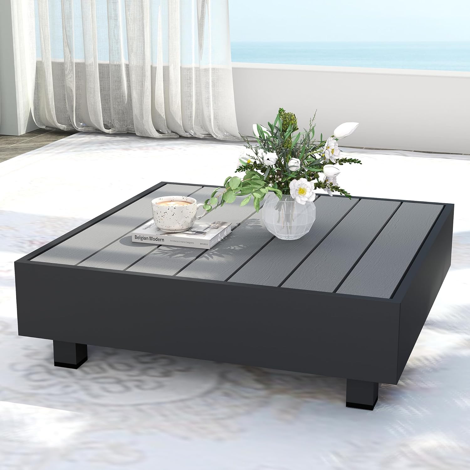 Aluminum Outdoor Coffee Table, All-Weather Square Metal Patio Coffee Table Furniture for Balcony, Garden, Indoor or Outdoor Use, Dark Grey