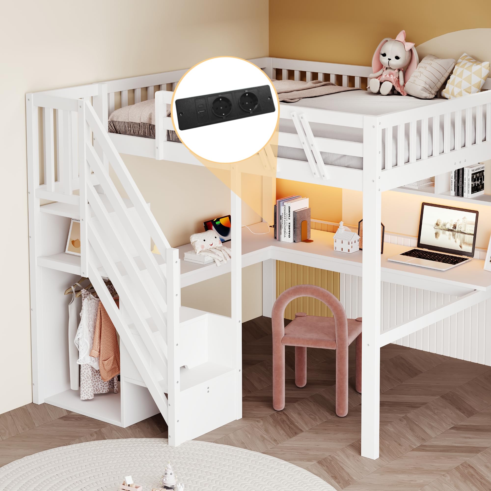 Łóżko z litego drewna 140 x 200, schody z szafką do przechowywania, z biurkiem, z gniazdem USB i oświetleniem LED, łóżko dziecięce, łóżko młodzieżowe, pojedyncze łóżko, rama z litego drewna