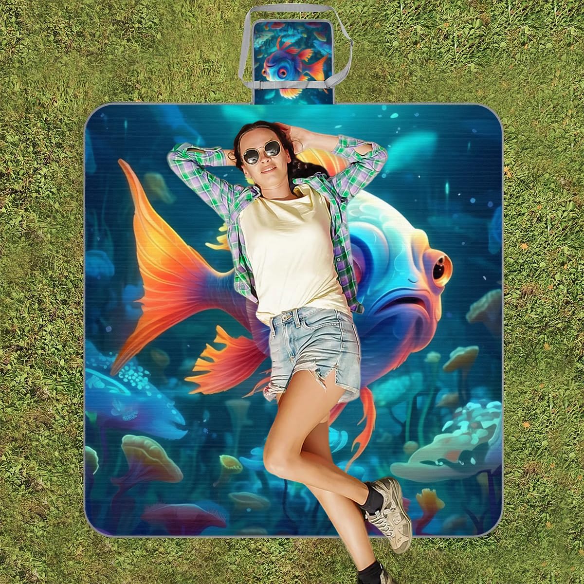 Mantas de picnic de 150 x 145 cm, manta de playa plegable con diseño de océanos coloridos para exteriores, impermeable, para playa, camping, senderismo, picnic
