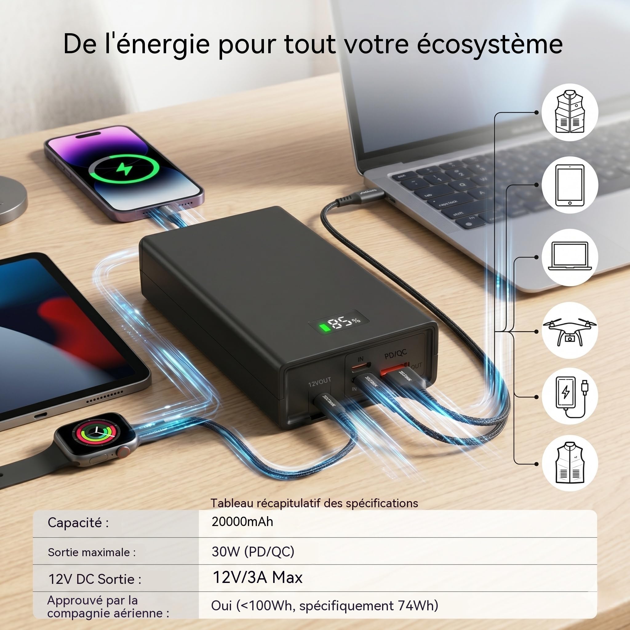 Batterie Externe 10000mAh Charge Rapide PD 30W & QC, Port de Sortie DC 12V/3A pour Vêtements Chauffants et PC Portables, Double Entrée, Power Bank pour iPhone, Samsung, Tablette, Routeur, Smartwatch