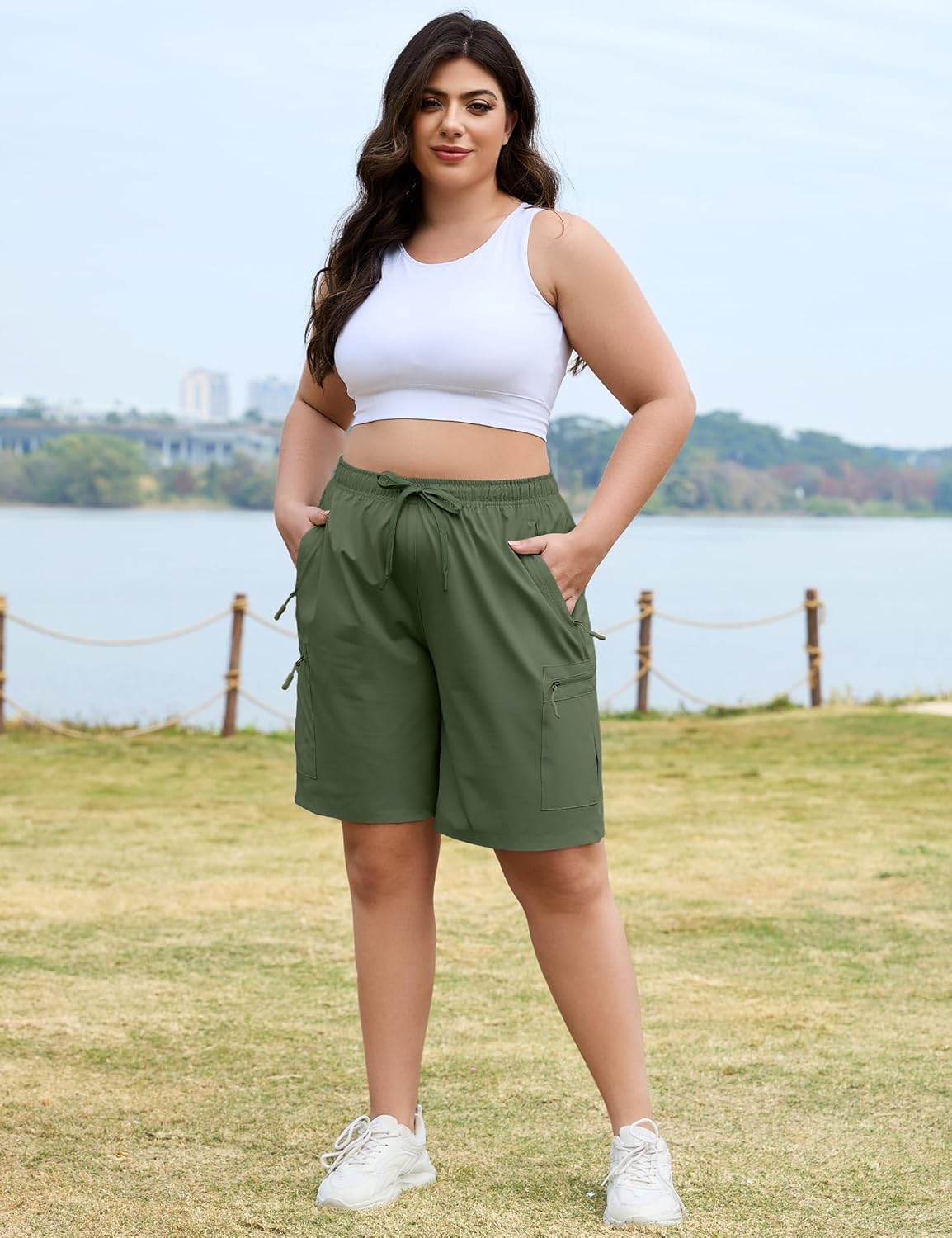 COOTRY Women's Plus Size 9'' Hiking Cargo Shorts Quick Dry Athletic Travel Golf Bermuda Shorts with Zipper Pockets - Image 6