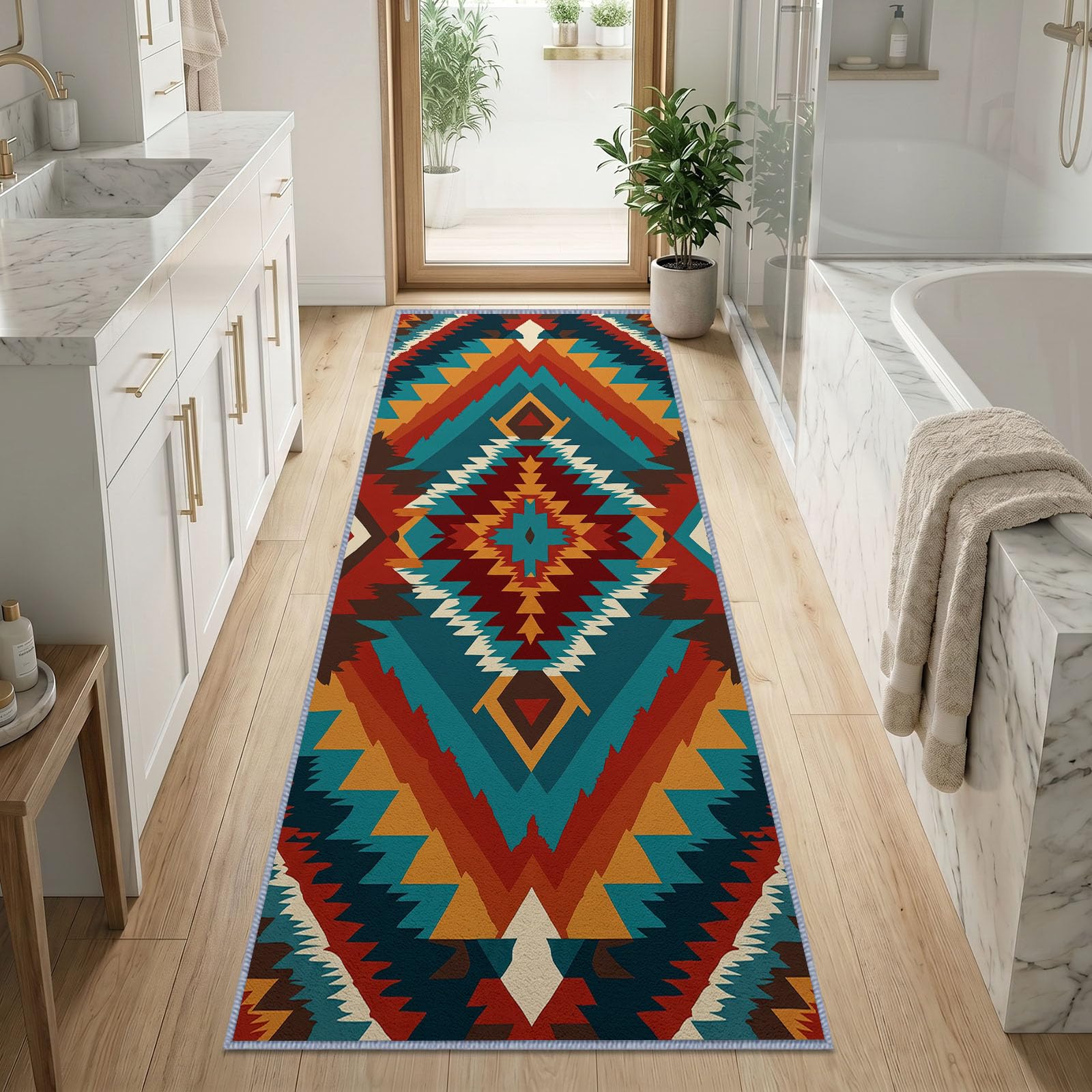 Boho Tribal Aztec chodnik 60 x 240 cm, czerwone romby rdza żółty ochra ciemny brąz antypoślizgowy i nadający się do prania w pralce, miękkie krótkie włosie do kuchni, przedpokoju, sypialni, biura i