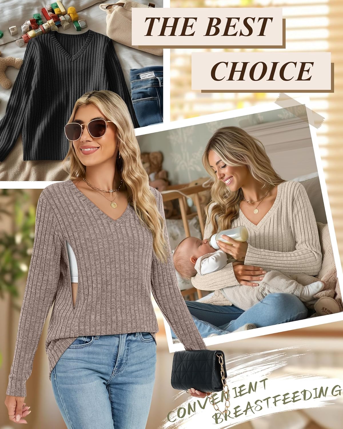 3 Pack Women's Maternity Nursing Tops, V Neck Breastfeeding Sweaters Long Sleeve Hidden Zipper Shirts - Image 3