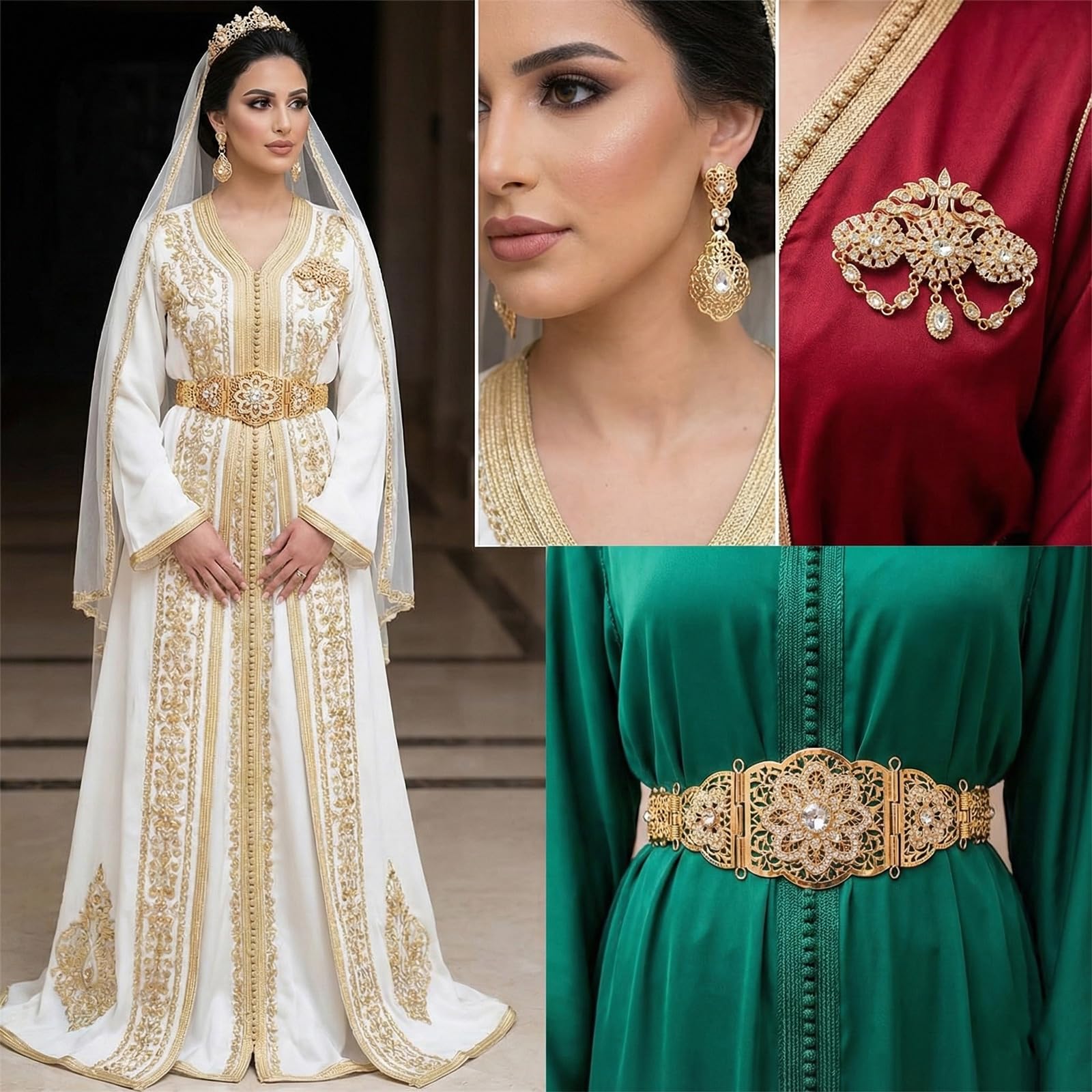 Conjunto de joyería nupcial marroquí Color chapado en oro para vestido de novia que incluye aretes con broche de cinturón en estilos árabes Conjunto de joyería de boda
