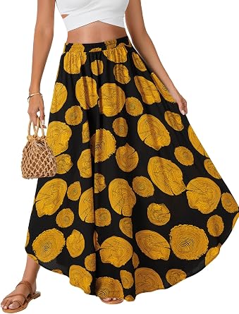 Rooscier Womens Boho Flowy Maxi Skirt Asymmetric A Line Elastic Waist Summer Long Skirts