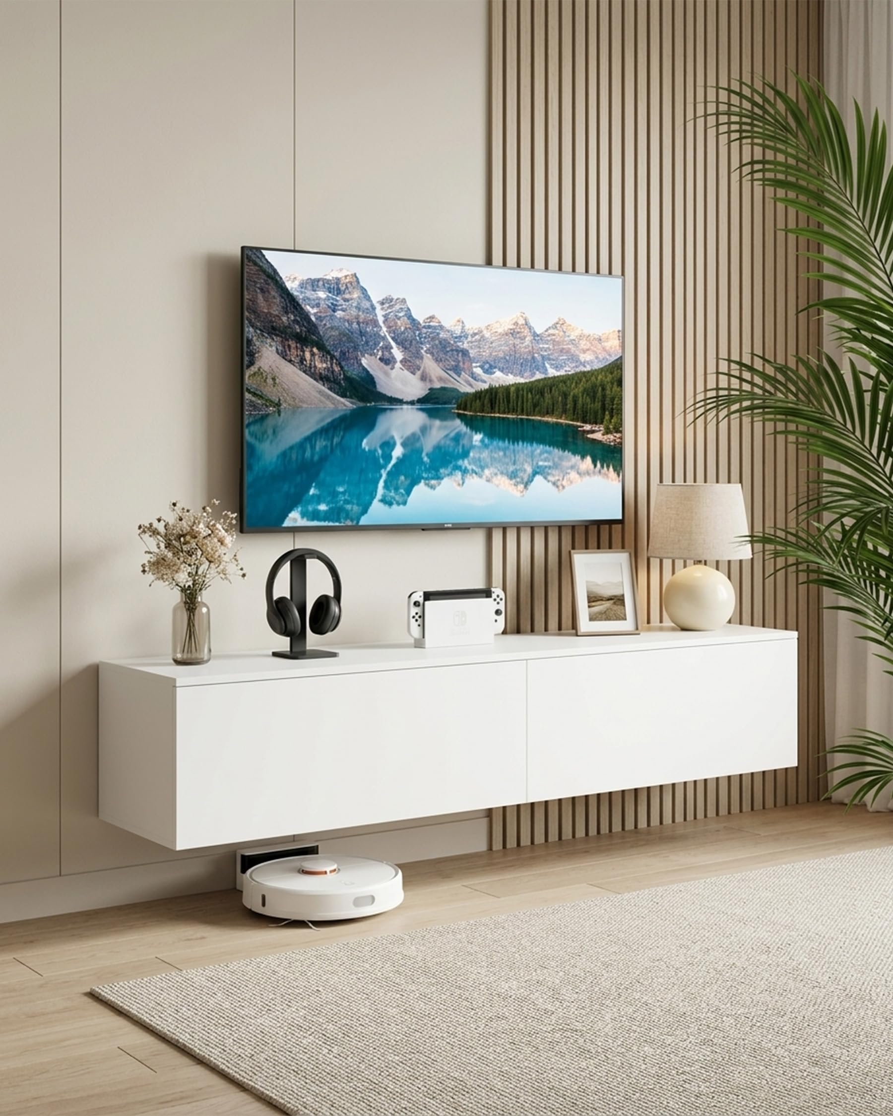 Hitsuki Mueble TV Suspendido Blanco 180 cm Moderno para Salón Grande | 2 cajones y amplio almacenaje, montaje en pared o sobre el suelo; ideal como mesa de televisión y mueble bajo para salón