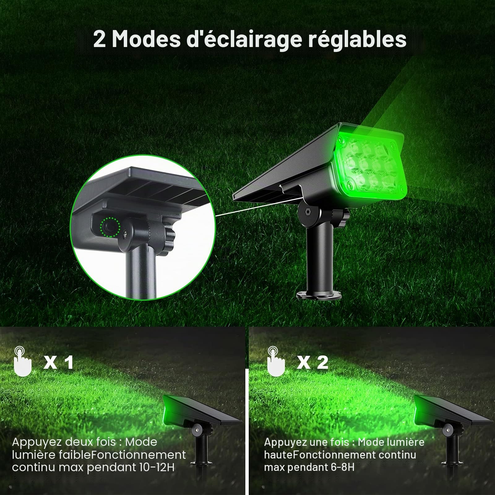T-SUN 4 Packs Spot Solaire Exterieur Vert Lumiere Solaire Jardin, Lampe Solair Étanche avec 2 Modes, sans Fil Éclairage Solaire Exterieur, Projecteur Solaire Réglable pour Chemins, Jardin