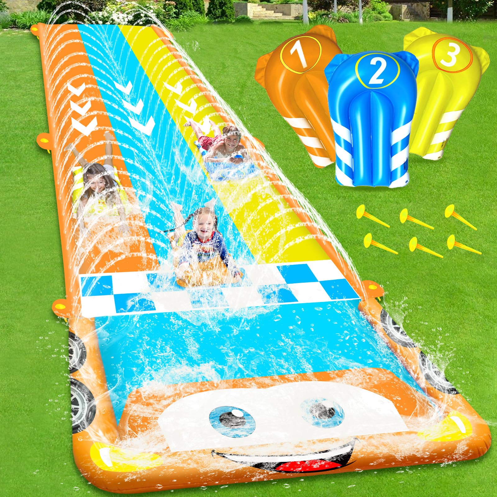 25FT Extra Long Water Slide for Kids, Race Car Triple Lane Lawn Water Slip and WaterSlides with 3 Bodyboards, Safety Fence, Heavy-Duty Outdoor Water Slides for Adults Backyard Sprinkler Summer Toys