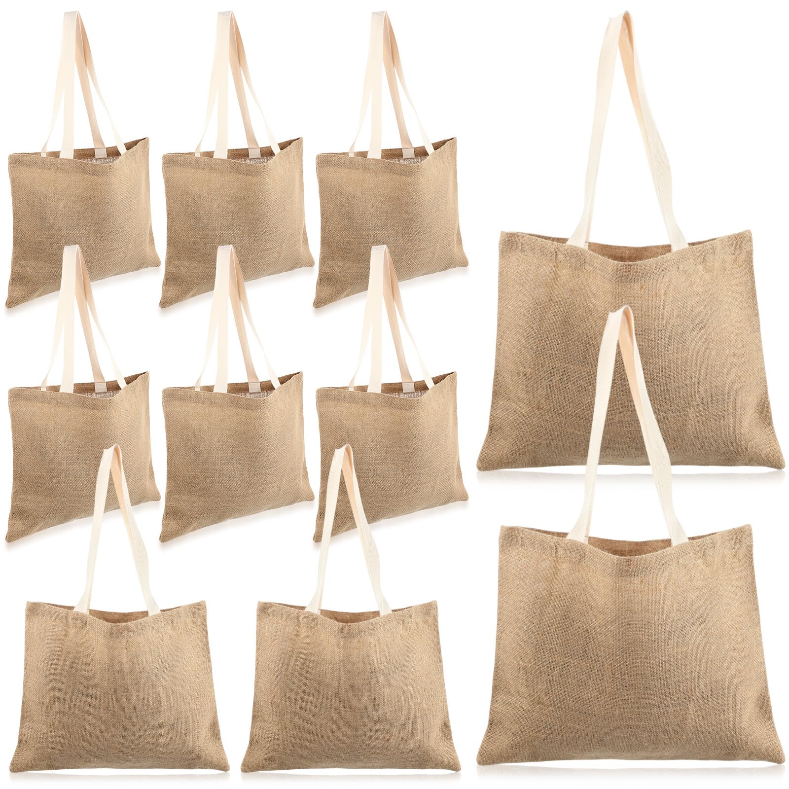 Yoojahow 10 Pack Natural Jute Tote Bags with Handles Large Reusable Burlap Totes Blank Tote Sacks Grocery Bags for Webbing Bridesmaid Business Gift Travel Shopping Art DIY Crafts Bags