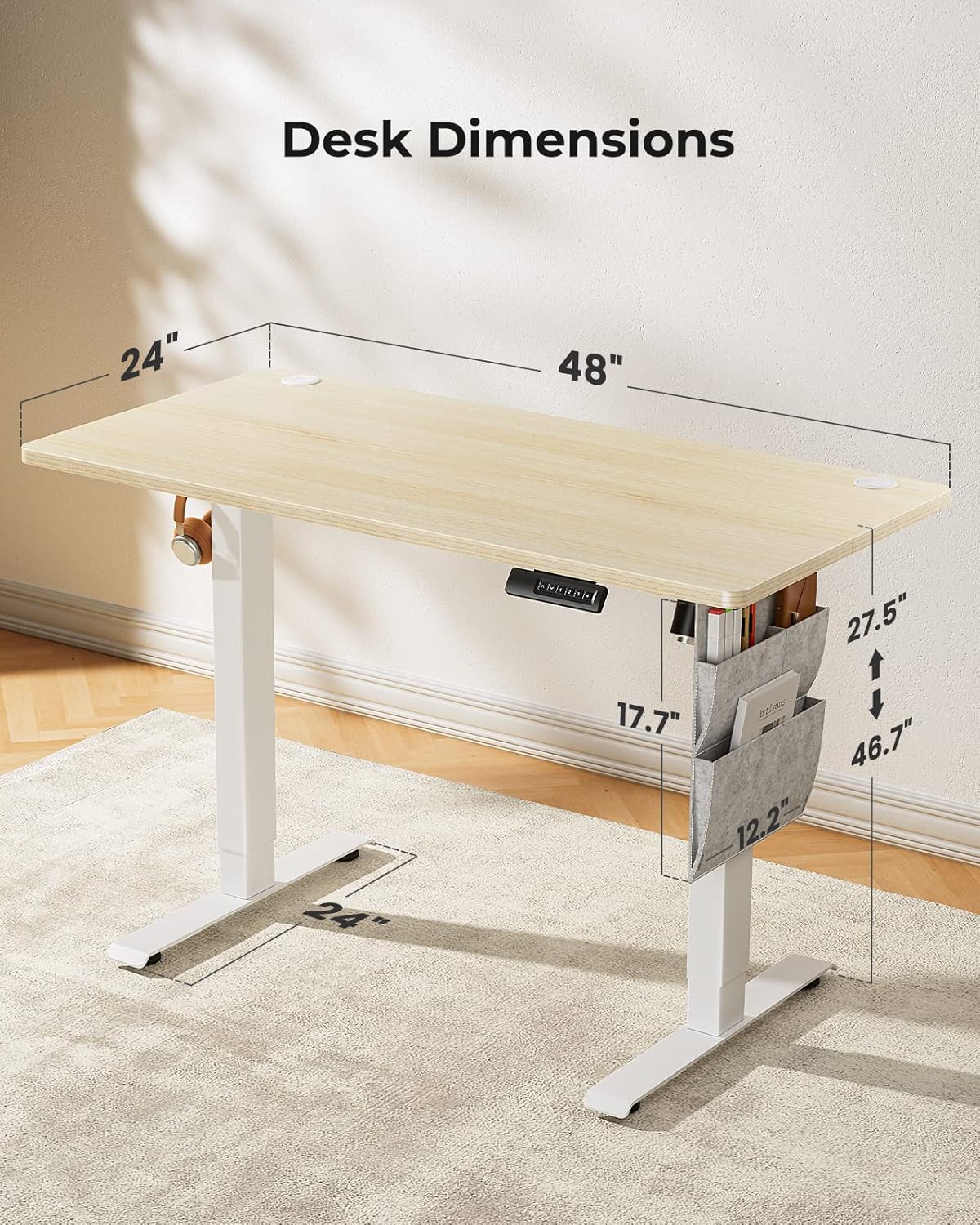 Diagram showing dimensions of the Totnz GF-TZESD7N Electric Standing Desk.