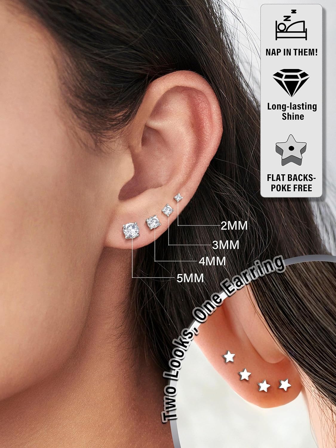 Moissanite Earrings Studs - 925 Sterling Silver Earrings for Women Men 14K Gold Plated Double Sided Star Flat Back Stud Earring Hypoallergenic Small Cartilage Helix Piercing Jewelry D Color VVS1 - Image 2
