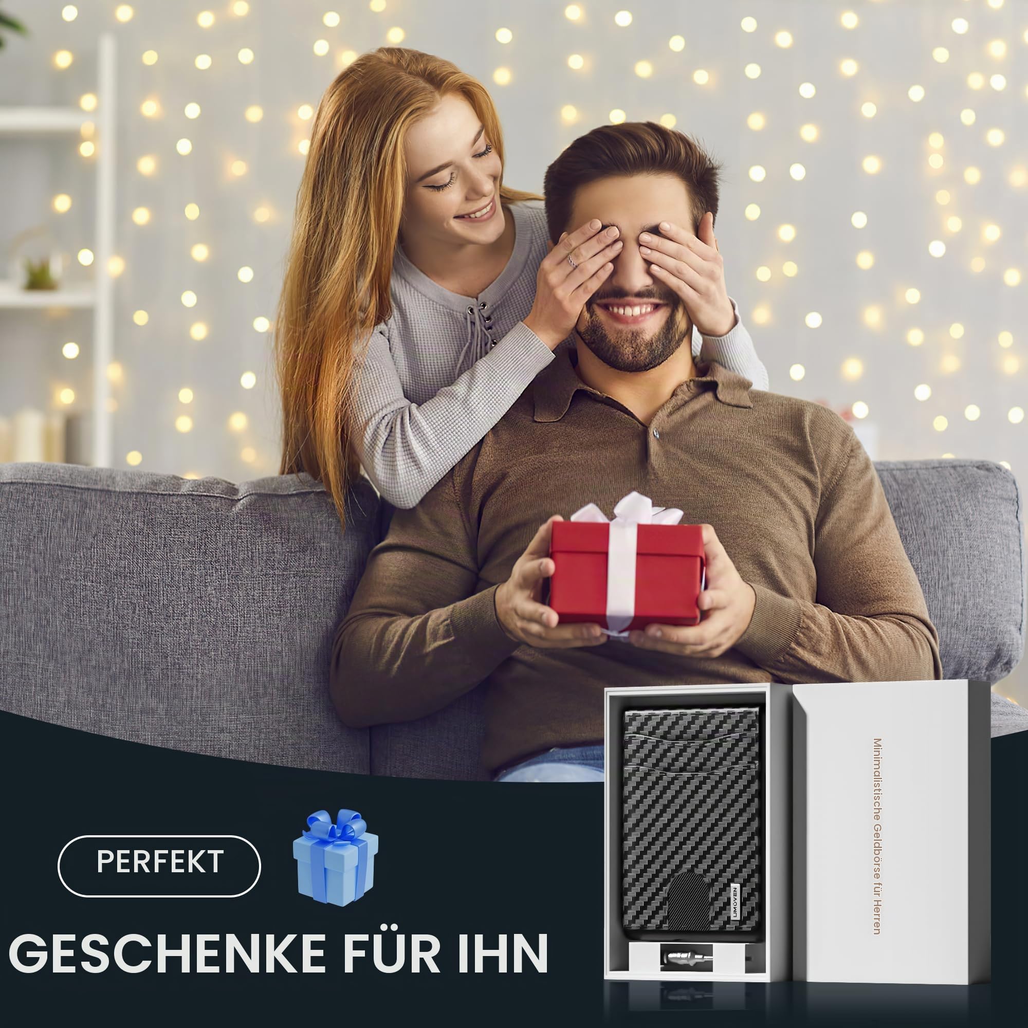 Geldbörse für Herren – Pop-Up-Etui, Bargeldfach und Kreditkartenfach – schlanke Aluminiumgeldbörse mit RFID-Blockierung, minimalistische Leder-Geldbörse mit Ausweisfenster, Geschenkbox (Kohlefaser