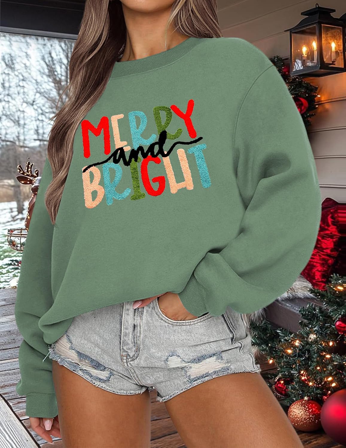 LETSEE Christmas Sweatshirts for Women Merry And Bright Crewneck Oversized Fleece Sweater Xmas Holiday Top - Image 2