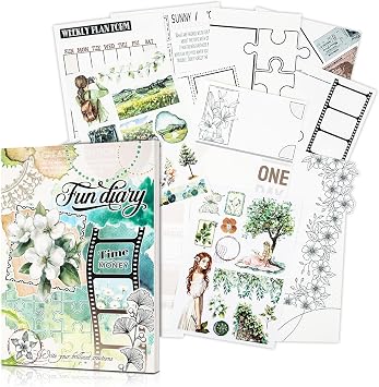 Dizdkizd Creative Art Journal Notebook with 28 Interesting Concept Templates Pages and 8 Die-Cut Stickers for Junk Journal, Scrapbook, Mixed Media, 8.3in 5.8in, Green