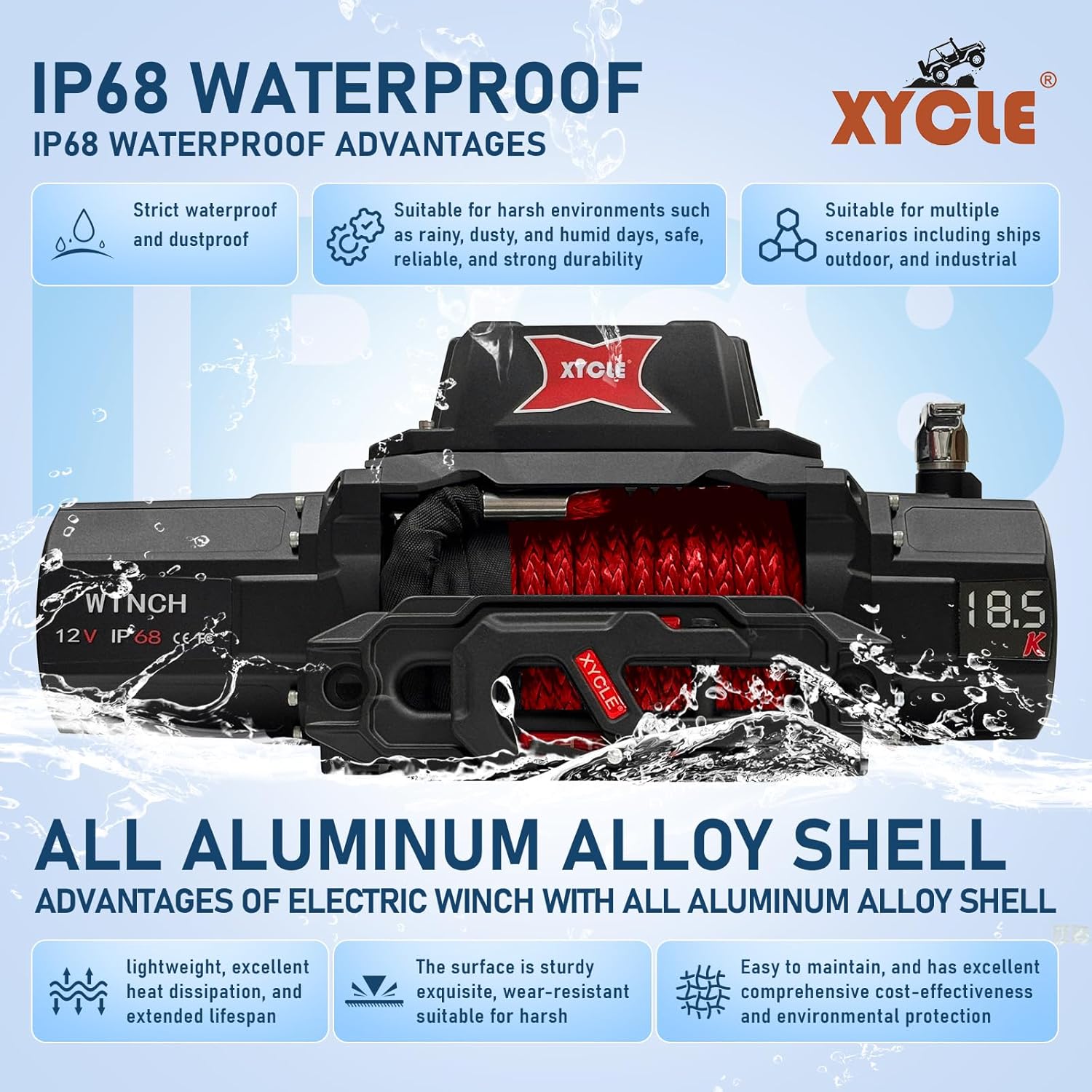 XYCLE18500lbs12V Electric Winch IP68waterproofOff-Road Vehicle Rescue winchs with2wireless Remote Controls and Synthetic Rope Suitable for Towing SUVs,Loggers,Trucks,Trailers,Jeeps,4WD (Red)