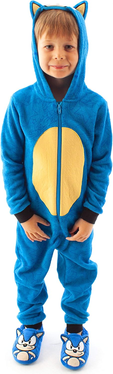 Sonic The Hedgehog Onesie For Boys & Girls | Kids Blue Soft All In One Pjs With Sonic Face Hood & 3D Ears | Childrens Gamer